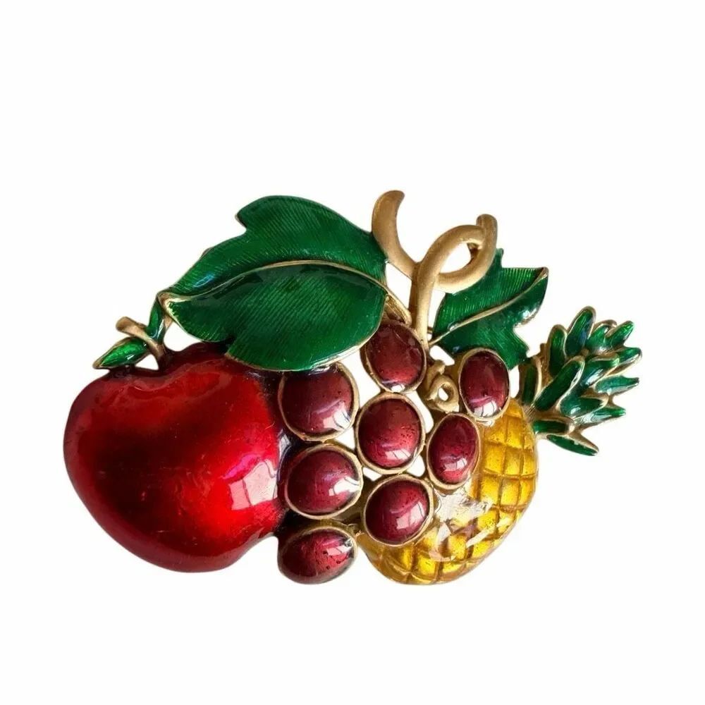 Vintage Fruit Basket Brooch Gold Tone Enamel Apple Grapes Pineapple